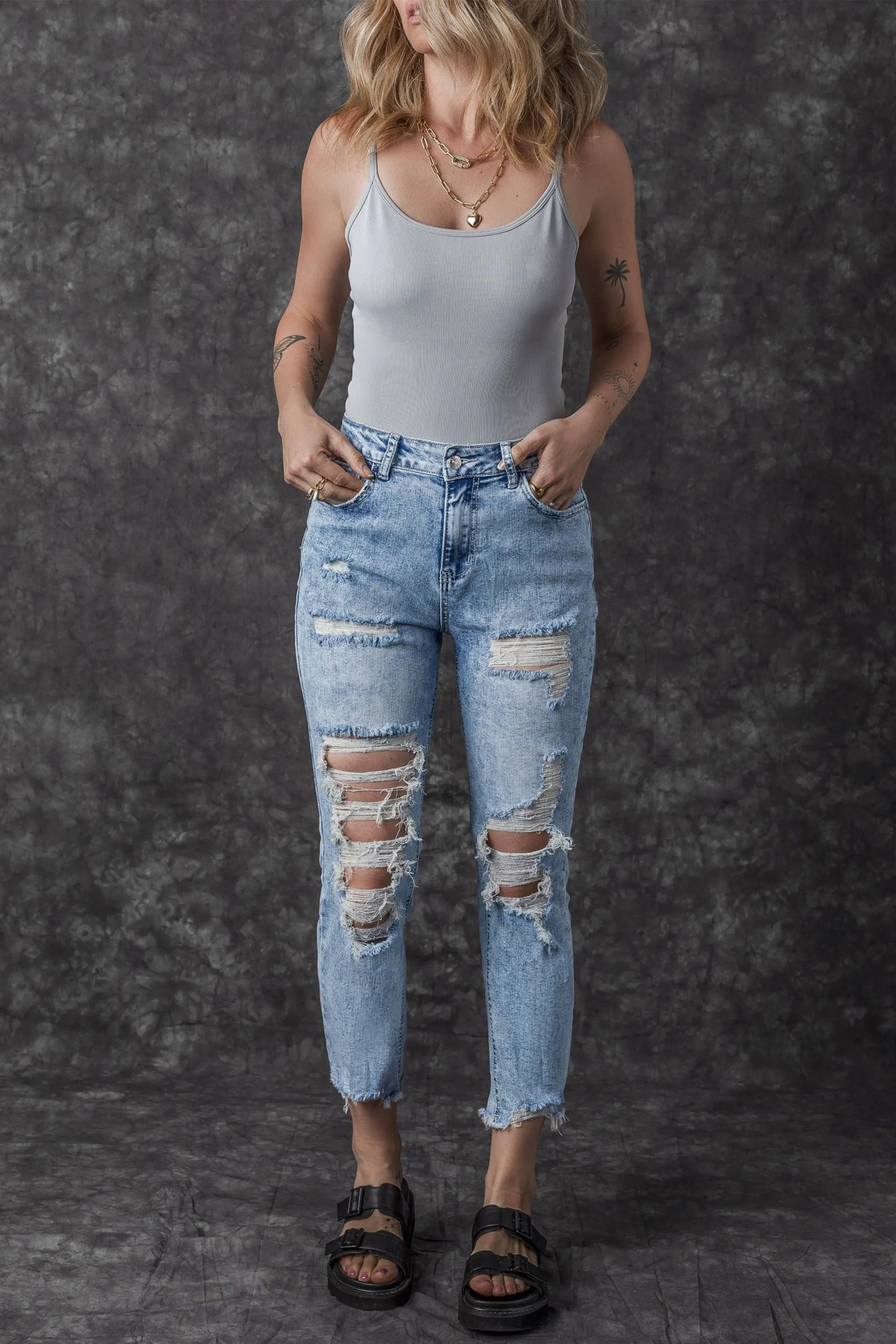 Acid Wash Distressed Slim Fit Jeans