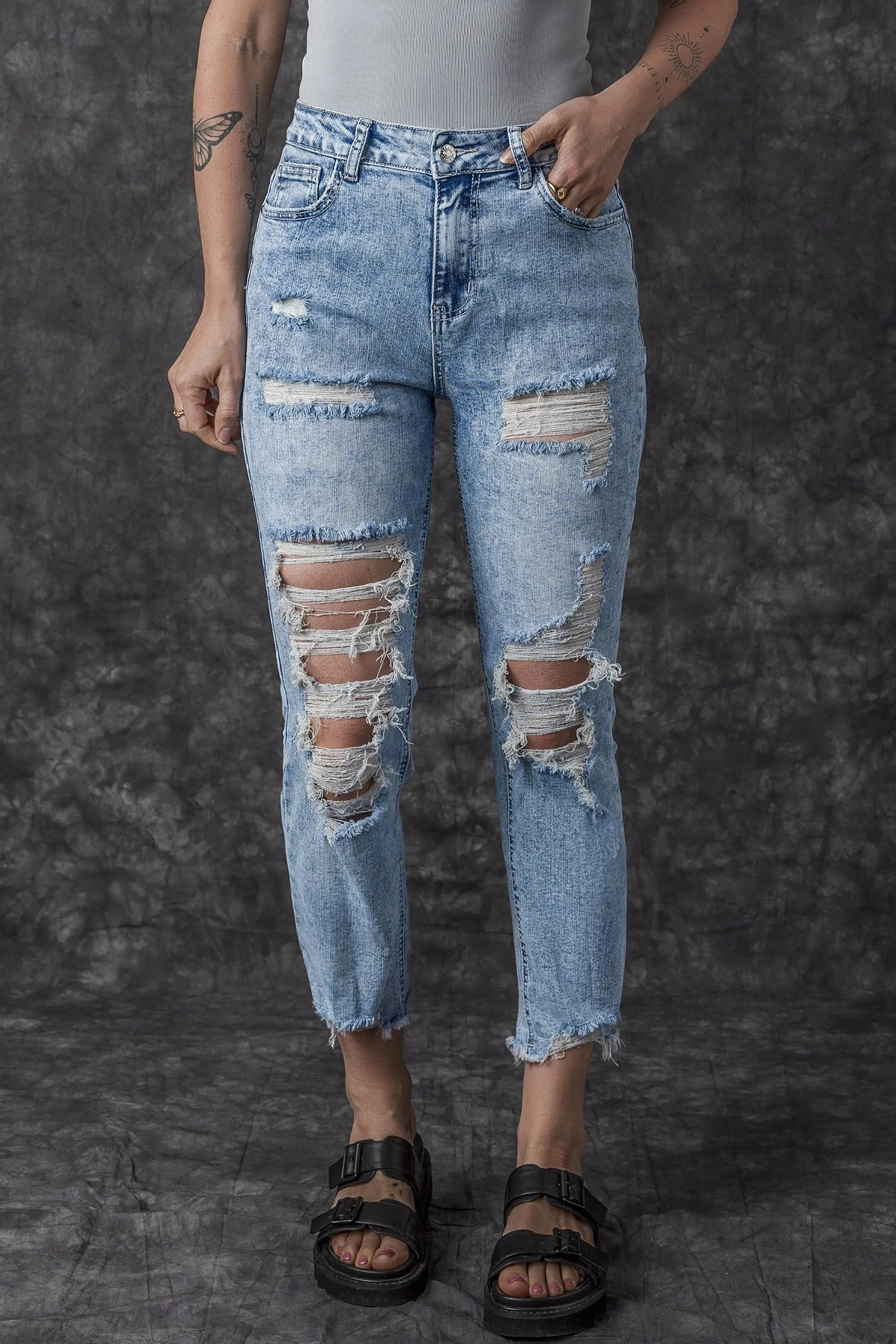 Acid Wash Distressed Slim Fit Jeans