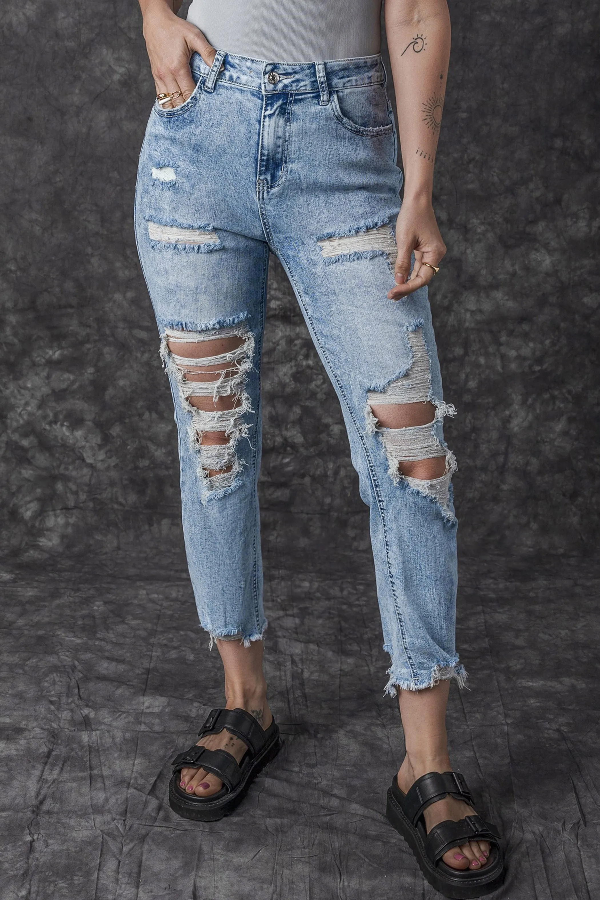 Acid Wash Distressed Slim Fit Jeans