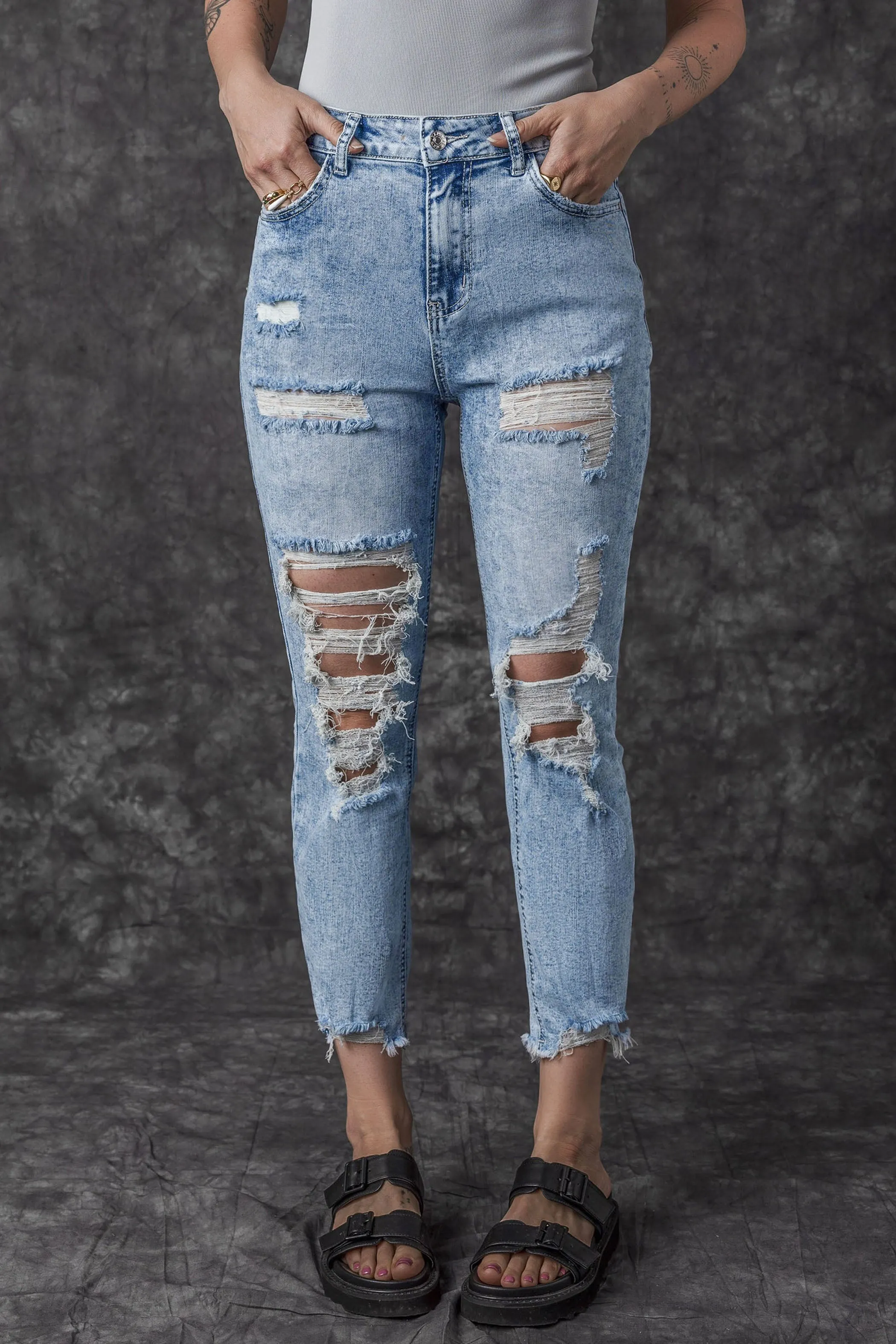 Acid Wash Distressed Slim Fit Jeans