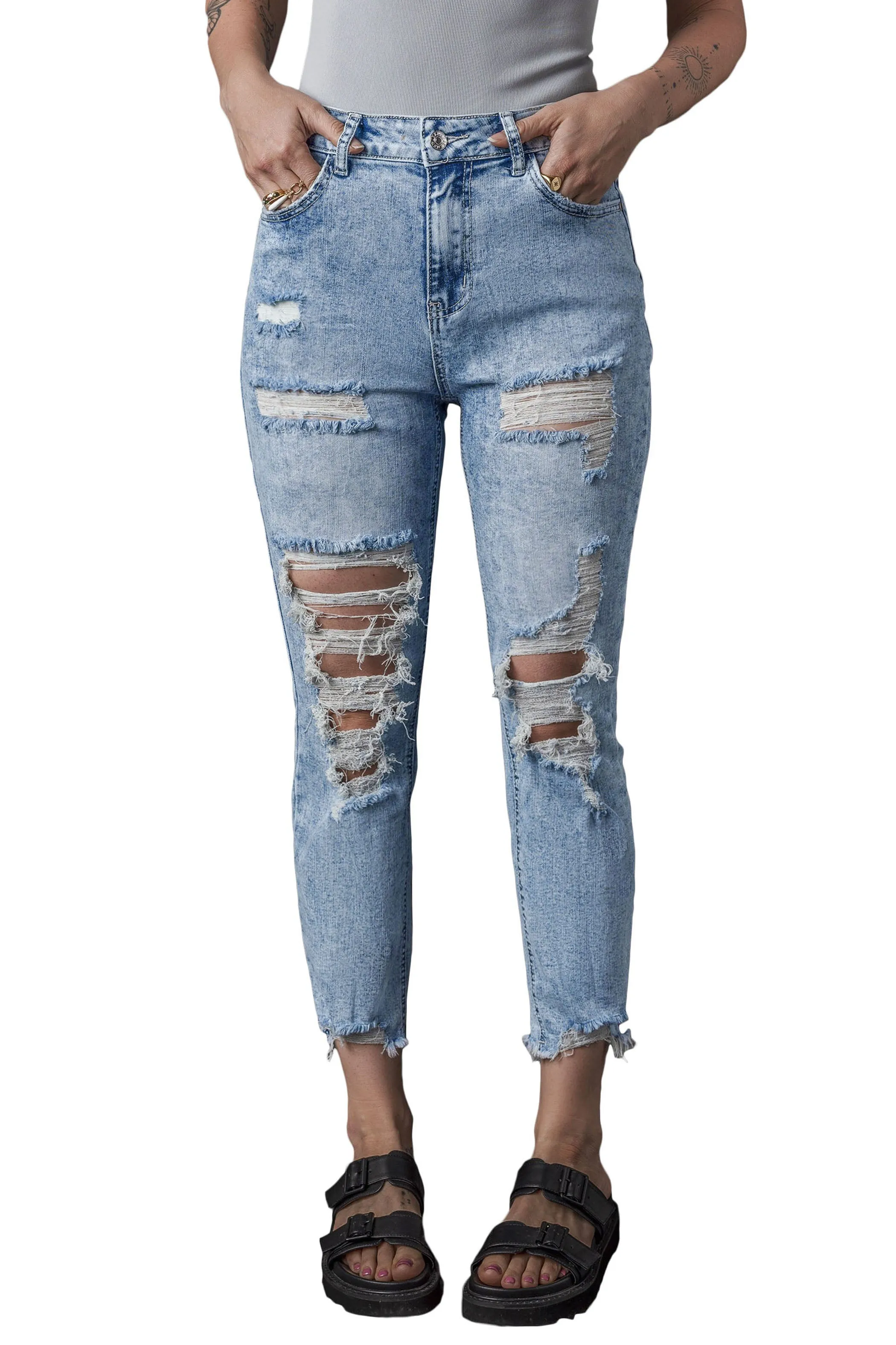 Acid Wash Distressed Slim Fit Jeans