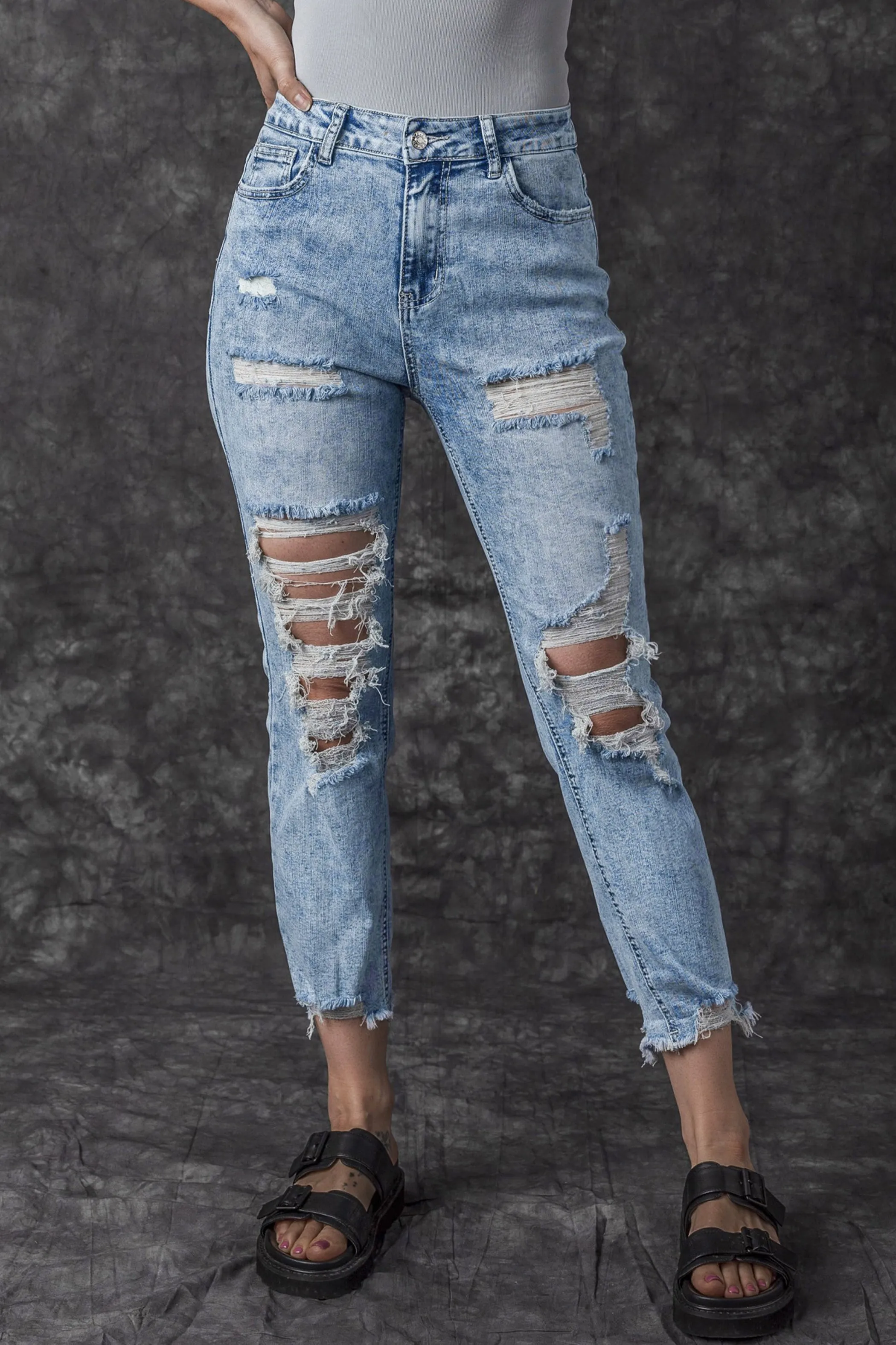 Acid Wash Distressed Slim Fit Jeans