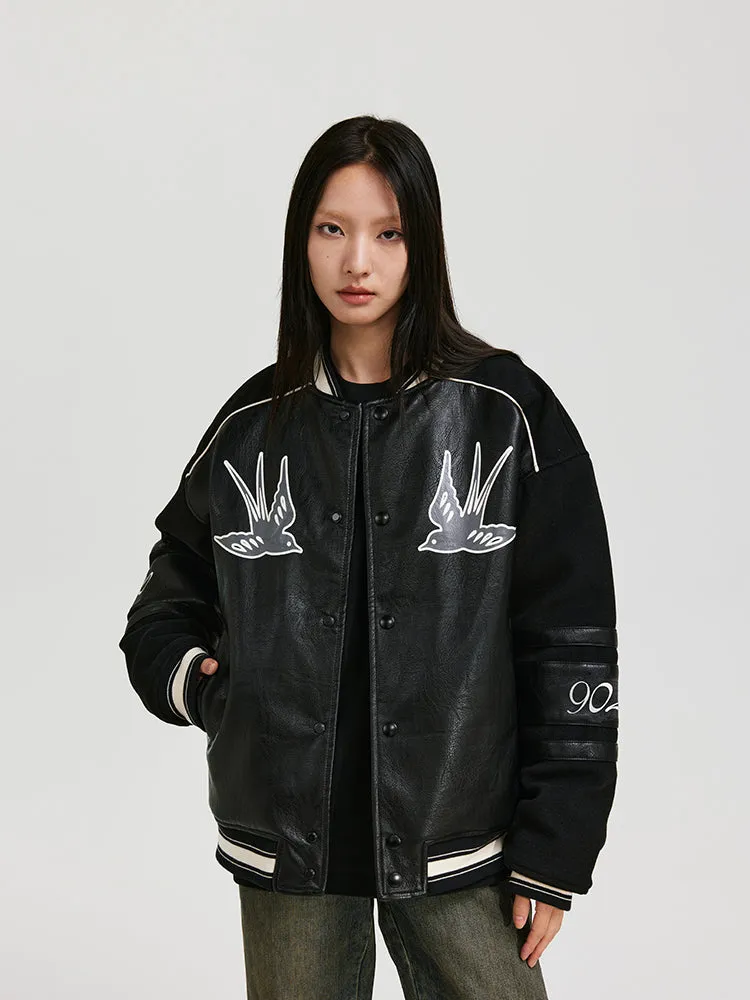 ANTIDOTE Swallow Print Leather & Wool Baseball Jacket