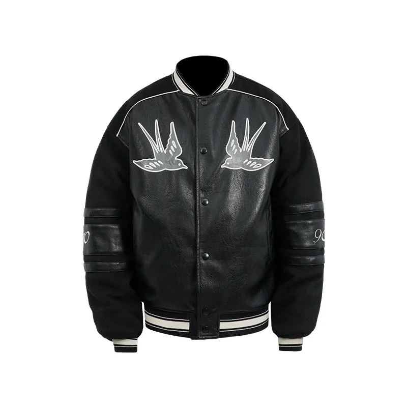 ANTIDOTE Swallow Print Leather & Wool Baseball Jacket