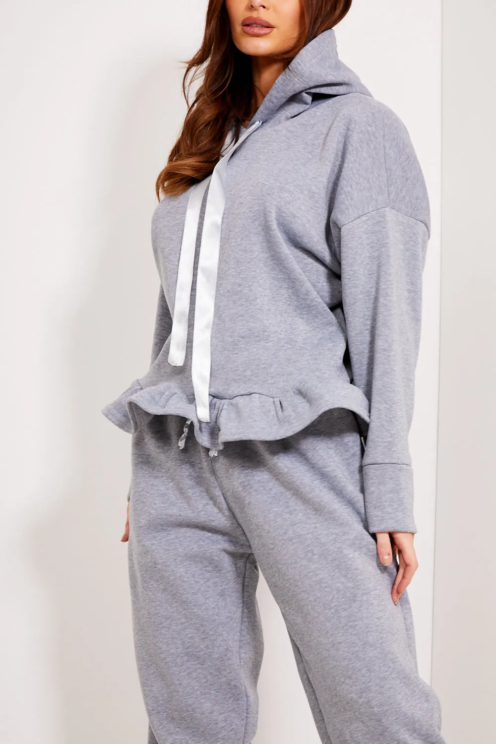 Arden Grey Frill Hem Hoodie and Joggers Tracksuit Set