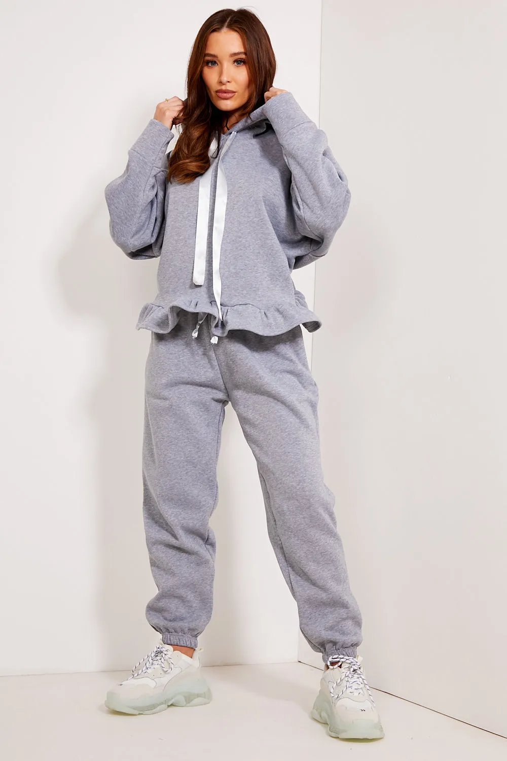 Arden Grey Frill Hem Hoodie and Joggers Tracksuit Set