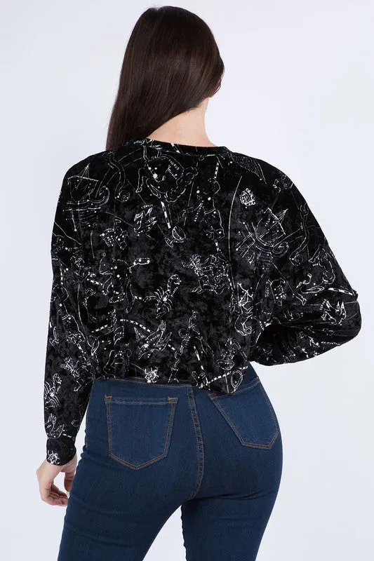 Astrology Print Velvet Long Sleeve Crop Top