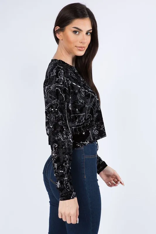 Astrology Print Velvet Long Sleeve Crop Top