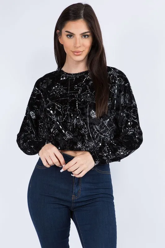 Astrology Print Velvet Long Sleeve Crop Top