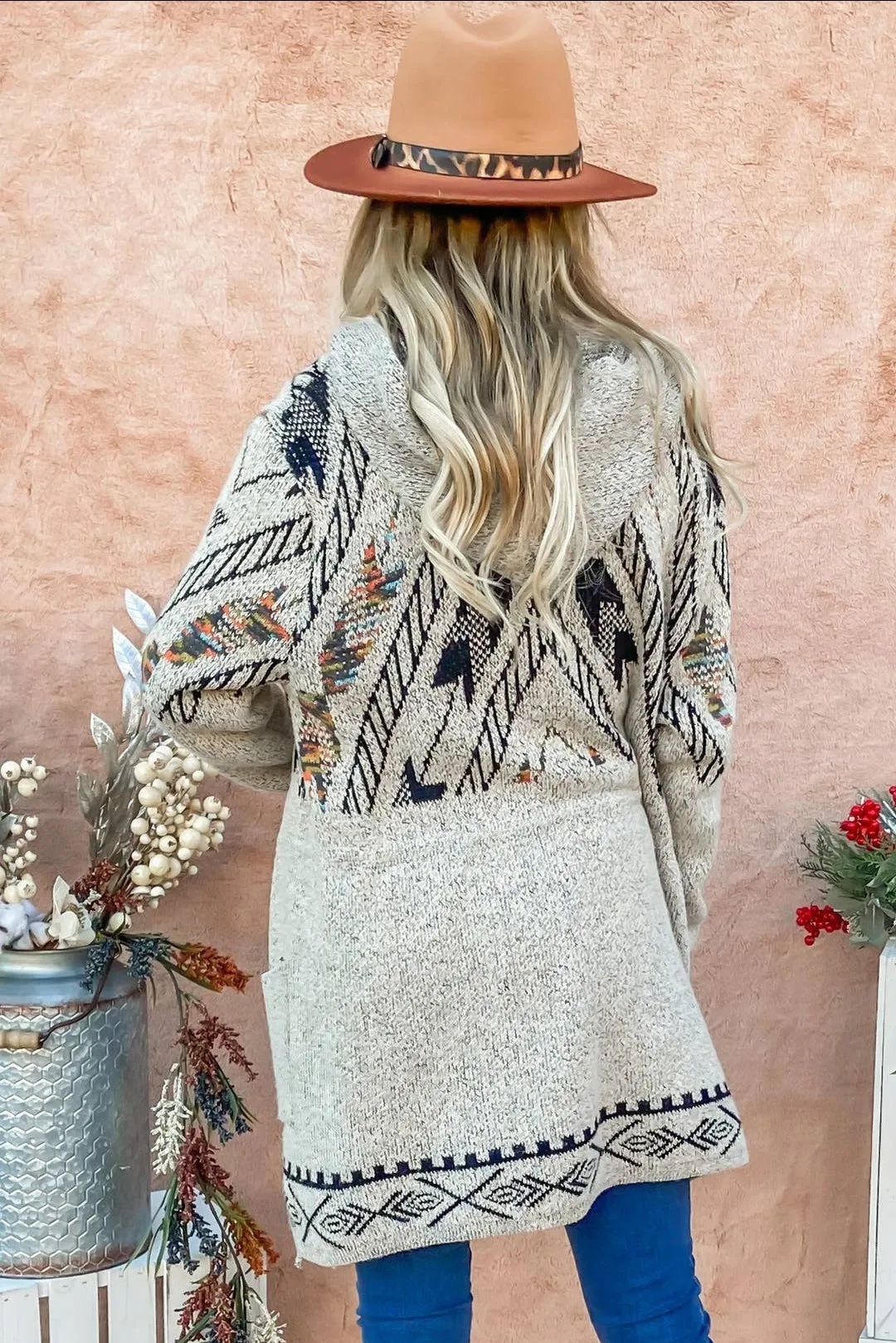 Aztec Print Hoodie Cardigan with Waist Drawstring