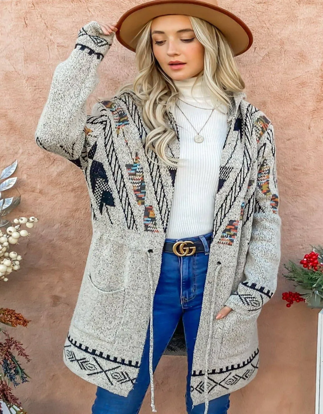 Aztec Print Hoodie Cardigan with Waist Drawstring