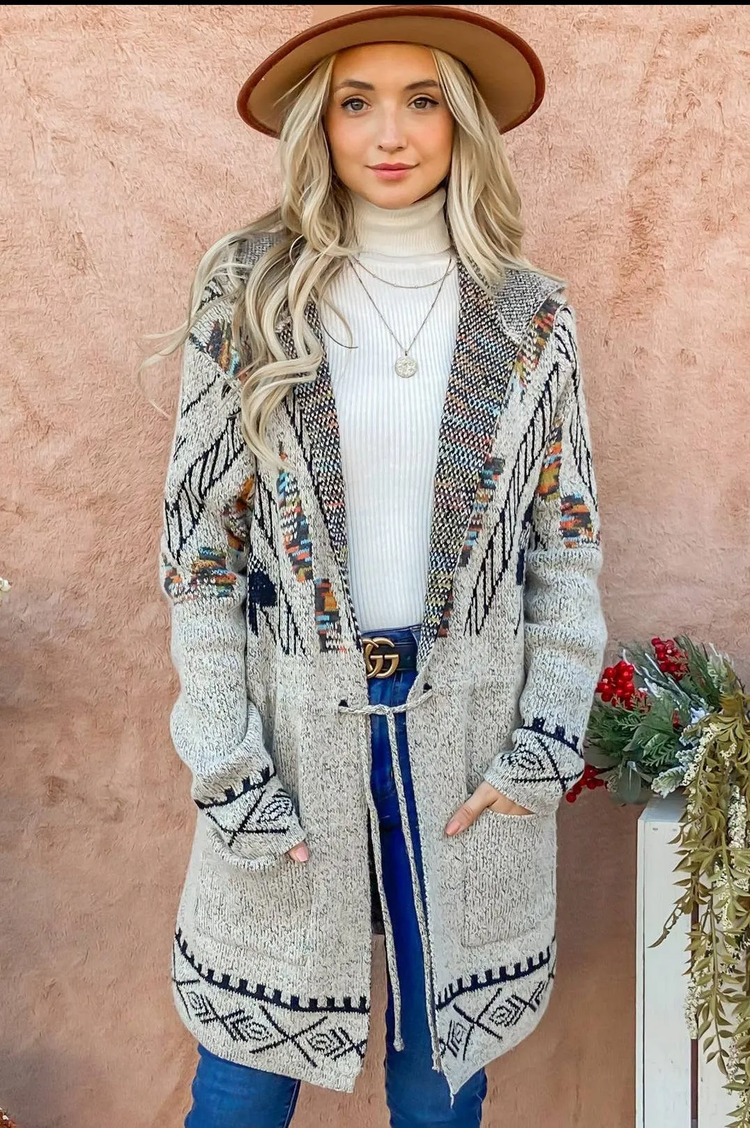 Aztec Print Hoodie Cardigan with Waist Drawstring