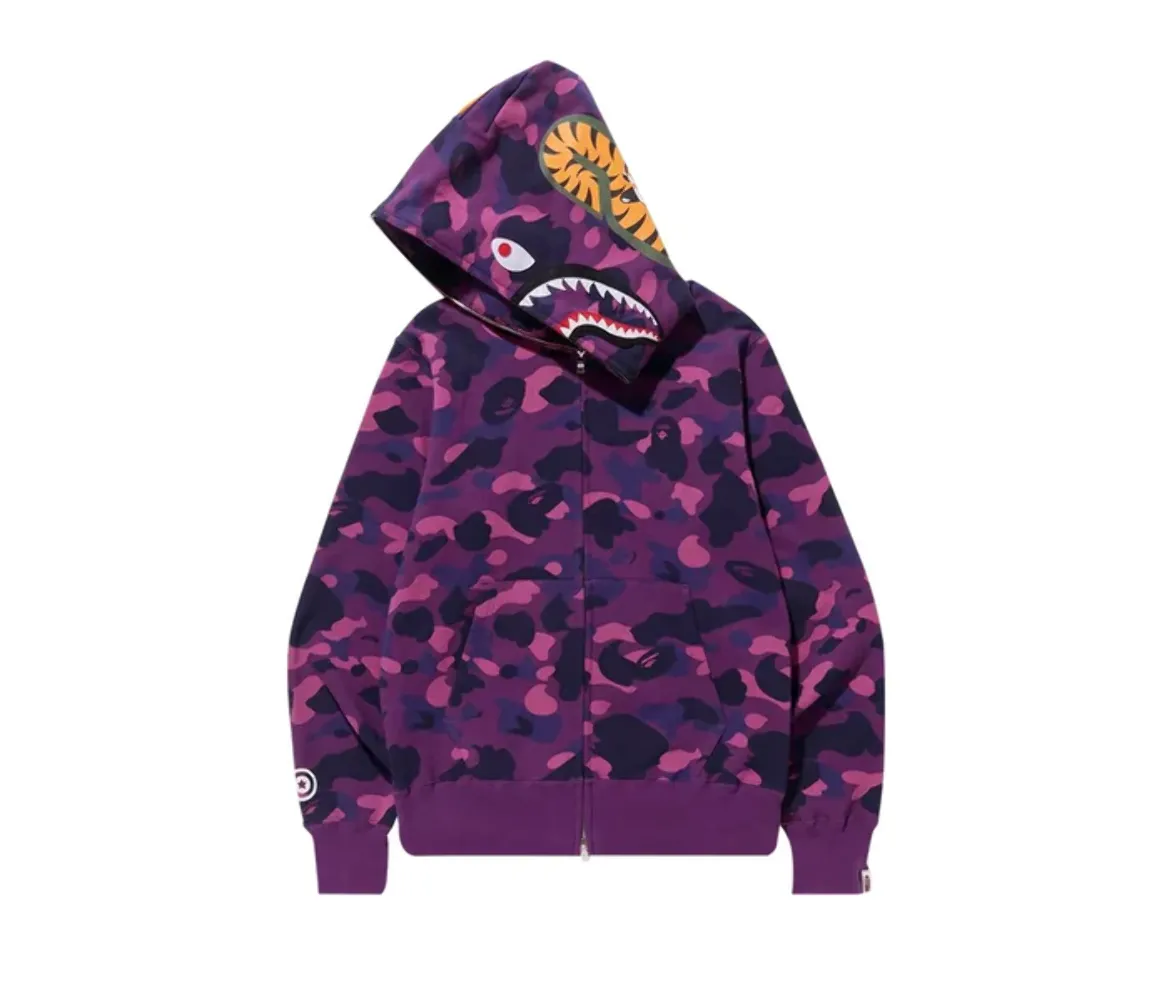 Sure, here is an optimized title for the e-commerce product you mentioned: Purple Bape Color Camo Shark Full Zip Hoodie - 001ZPJ201003MPUR