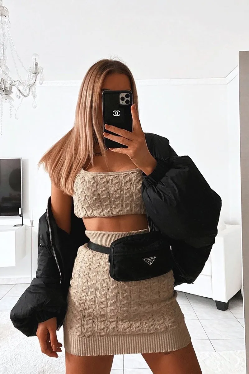 Beige Cable Knit Crop Top Skirt Co-ord - Vennie