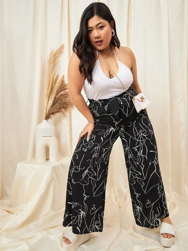 Berrylush Curve Women Black & White Abstract Printed High-Rise Tie-Up Waist Slip-On Flared Regular Trousers