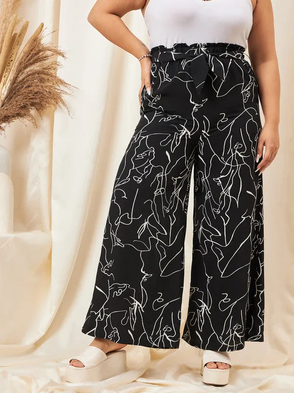 Berrylush Curve Women Black & White Abstract Printed High-Rise Tie-Up Waist Slip-On Flared Regular Trousers