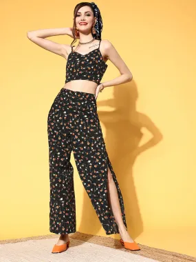 Berrylush Women Black & Orange Floral Printed V-Neck Crop Top & Side-Slit Trousers Co-Ord Set