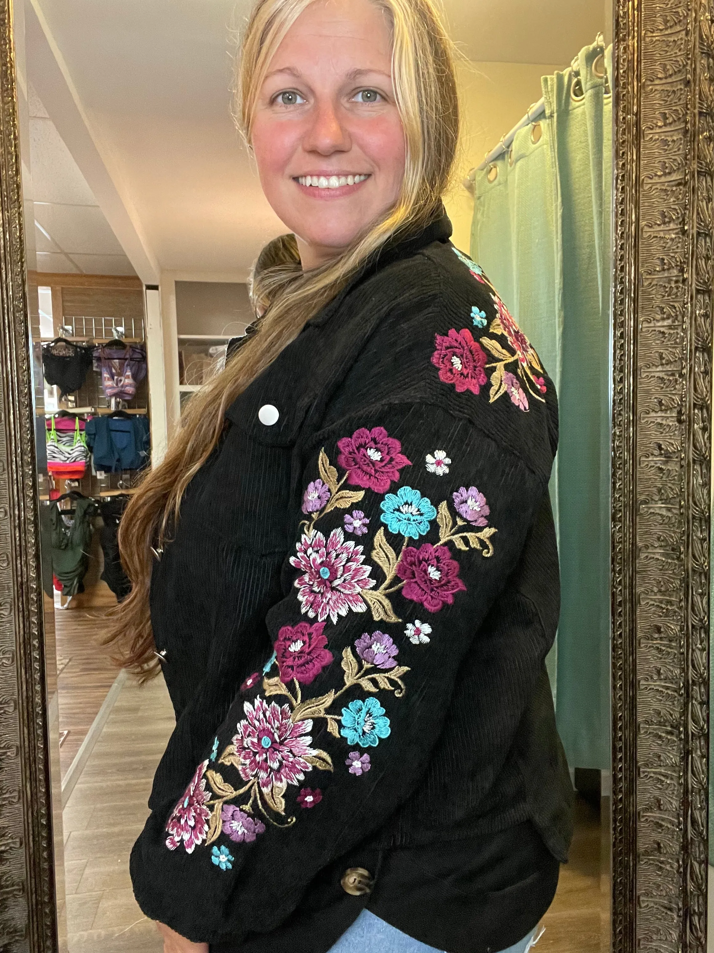 Black Corduroy Jacket with Floral Embroidery