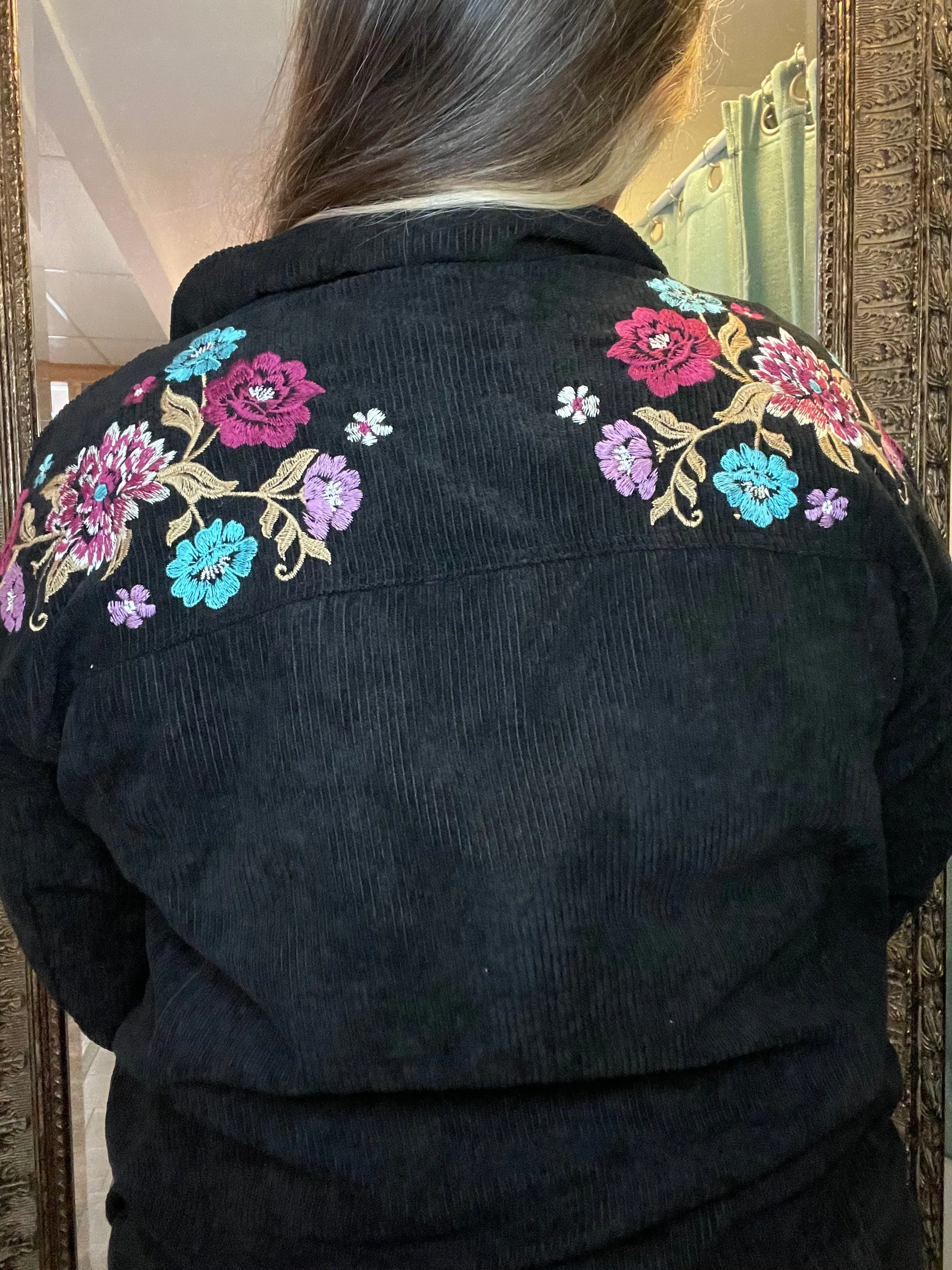 Black Corduroy Jacket with Floral Embroidery