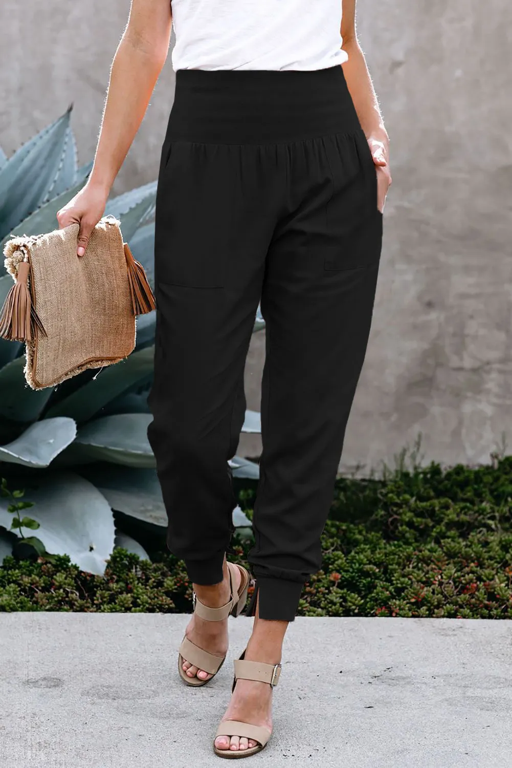 Black High Waist Pocket Trousers Pants