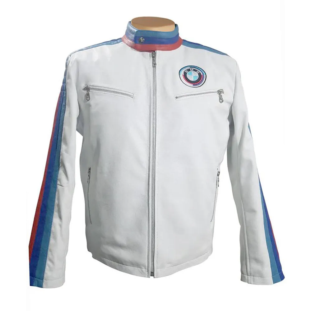 BMW white motorcycle jacket with red and blue stripes and armor protection