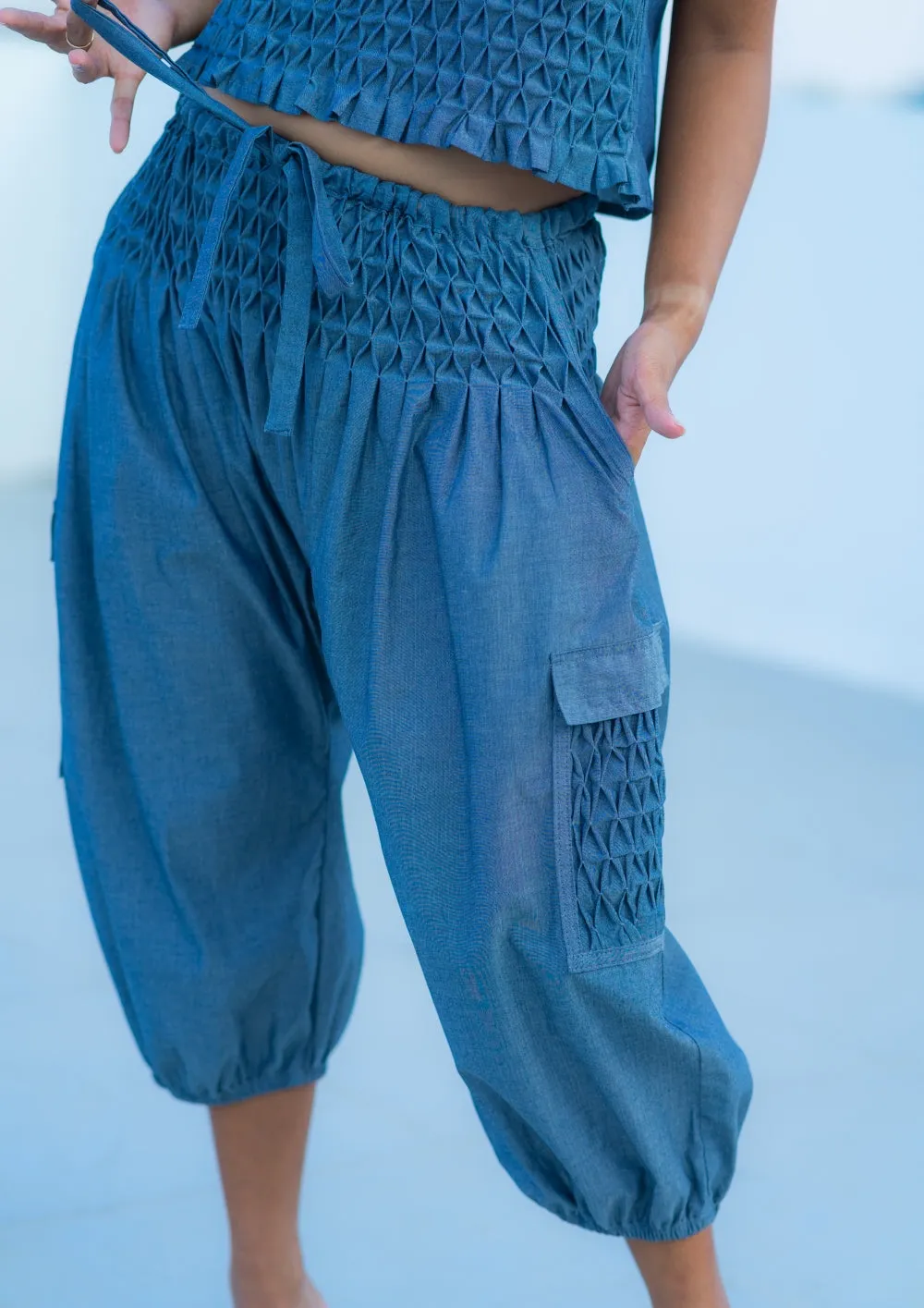 boho cargo pants - blue gray