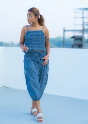 boho cargo pants - blue gray