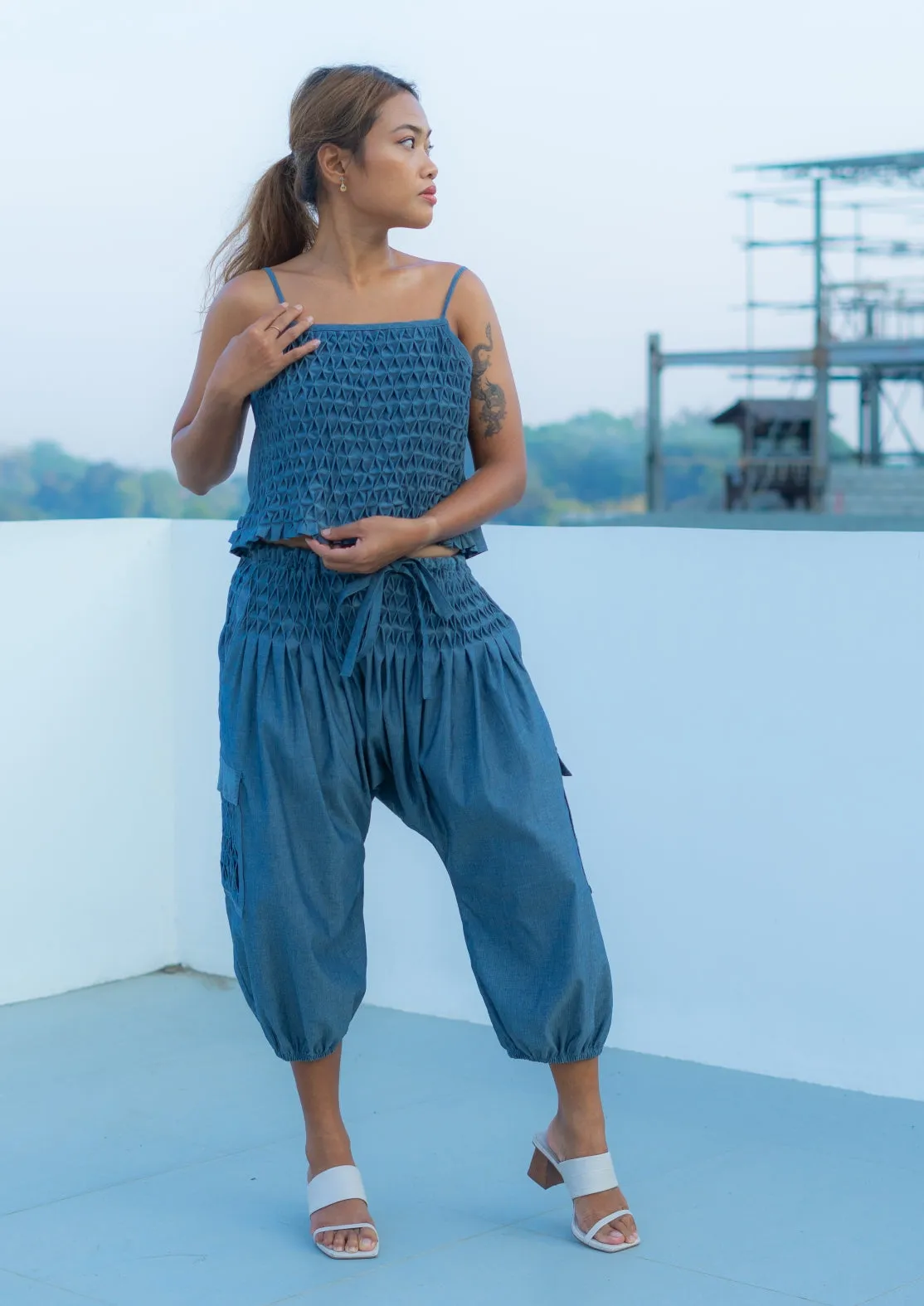 boho cargo pants - blue gray