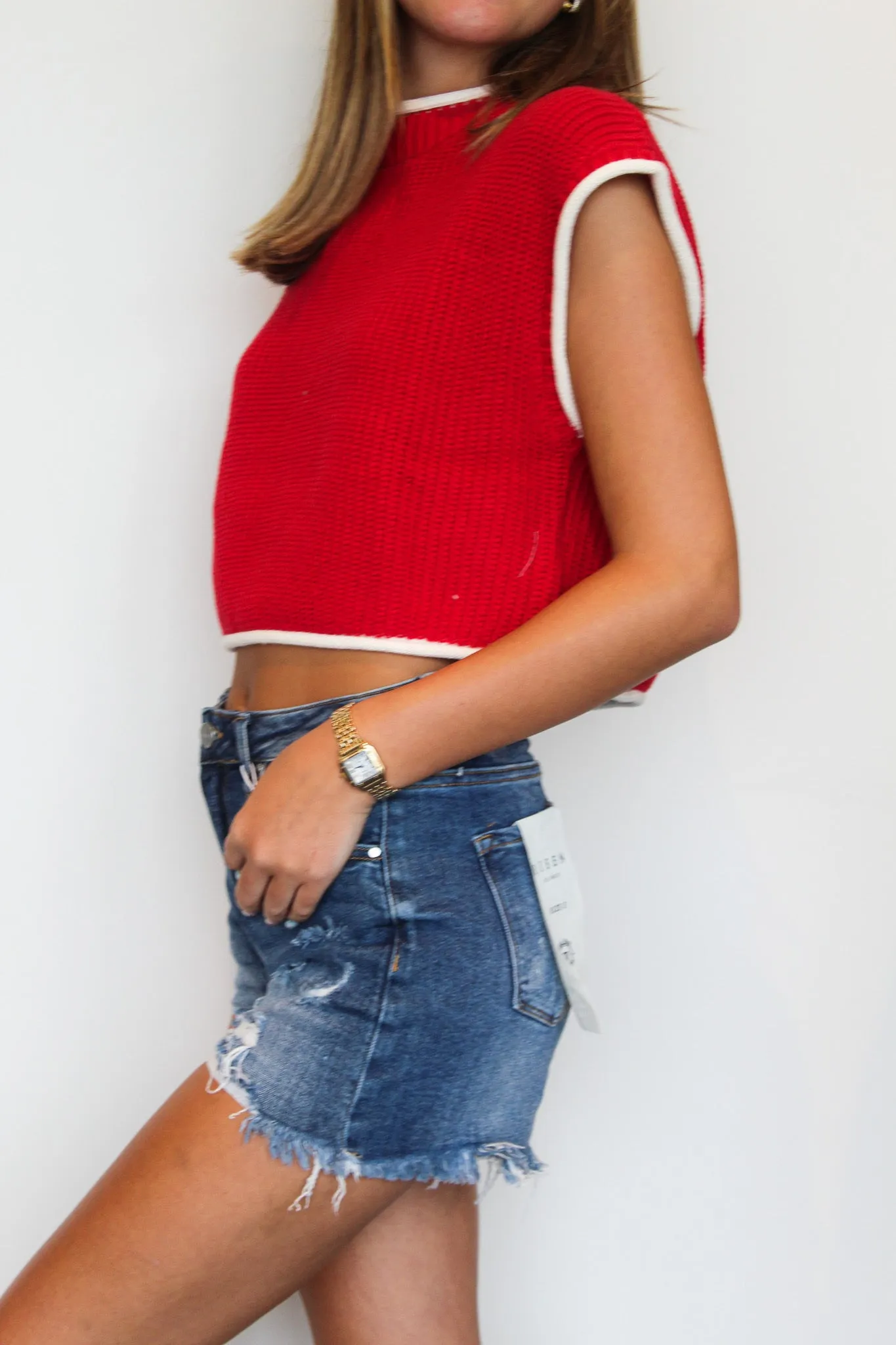 Boxy Contrast Sweater Top- Red