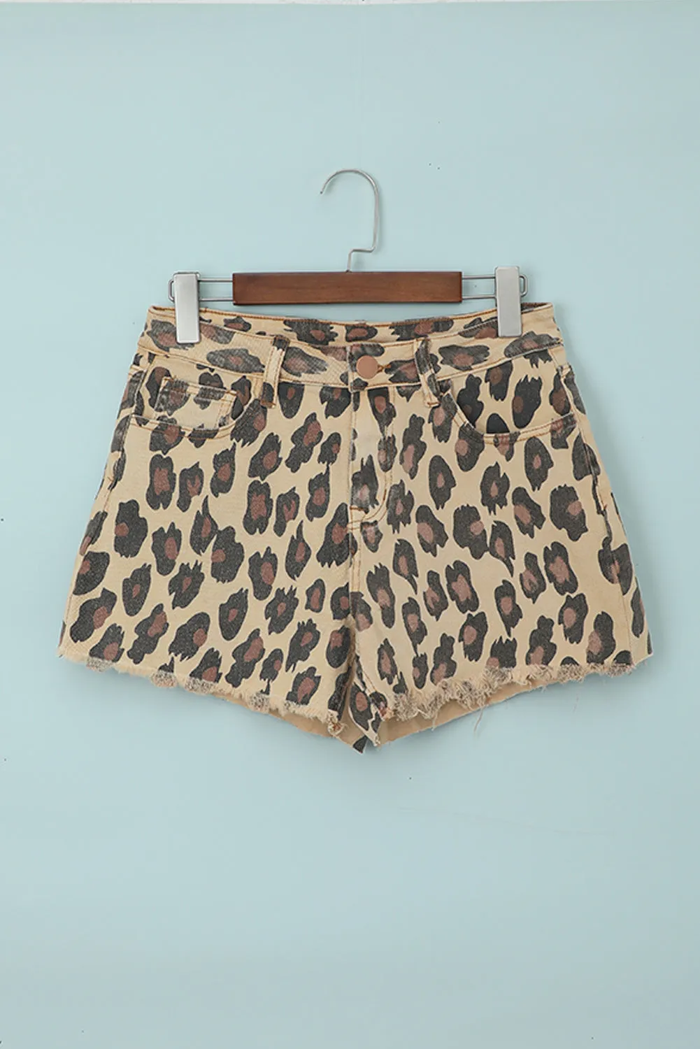 Brown Leopard Mid Waist Frayed Hemline Jean Shorts