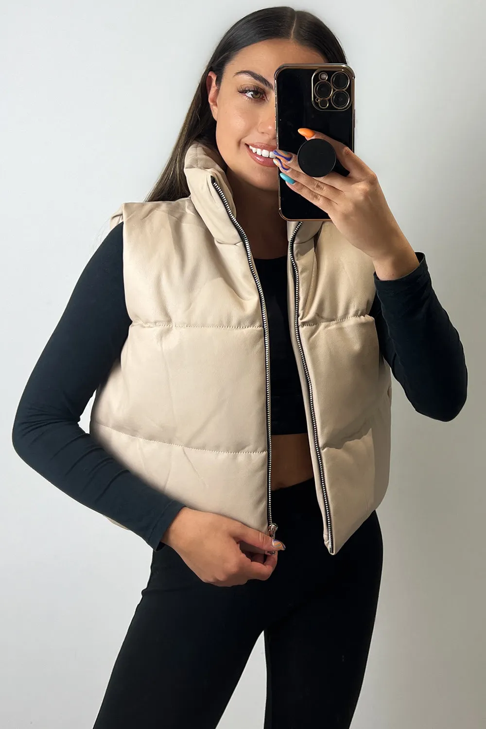 Catalina Beige PU Faux Leather Puffer Gilet