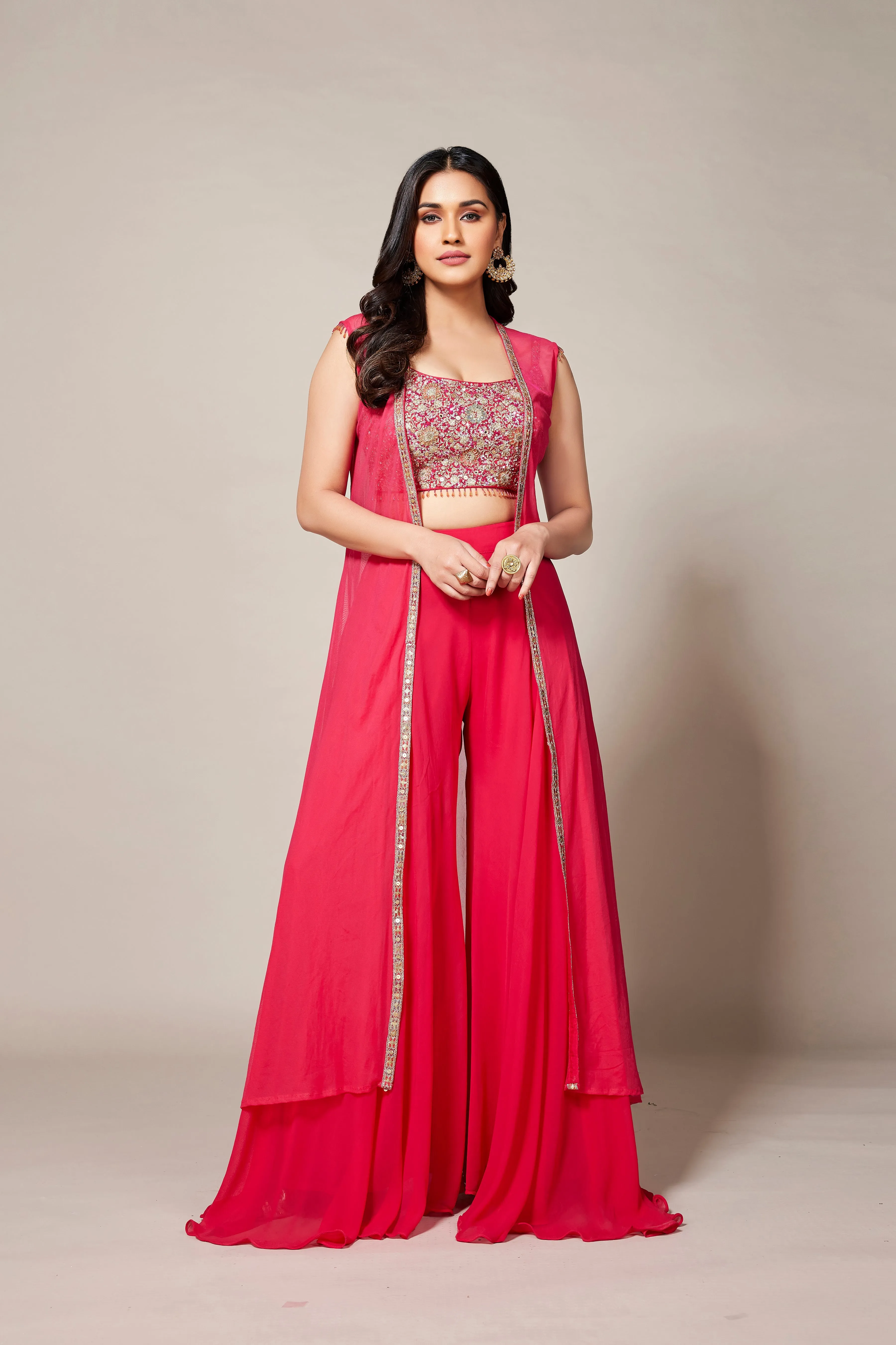 Cerise Pink Embellished Swiss Georgette Silk Cape Set