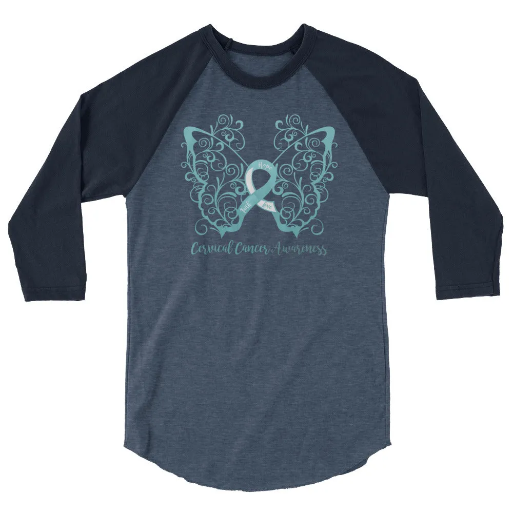 Cervical Cancer Awareness Filigree Butterfly 3/4 Sleeve Raglan Shirt