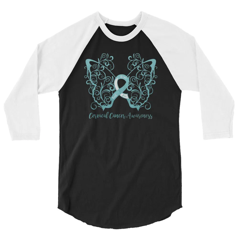 Cervical Cancer Awareness Filigree Butterfly 3/4 Sleeve Raglan Shirt