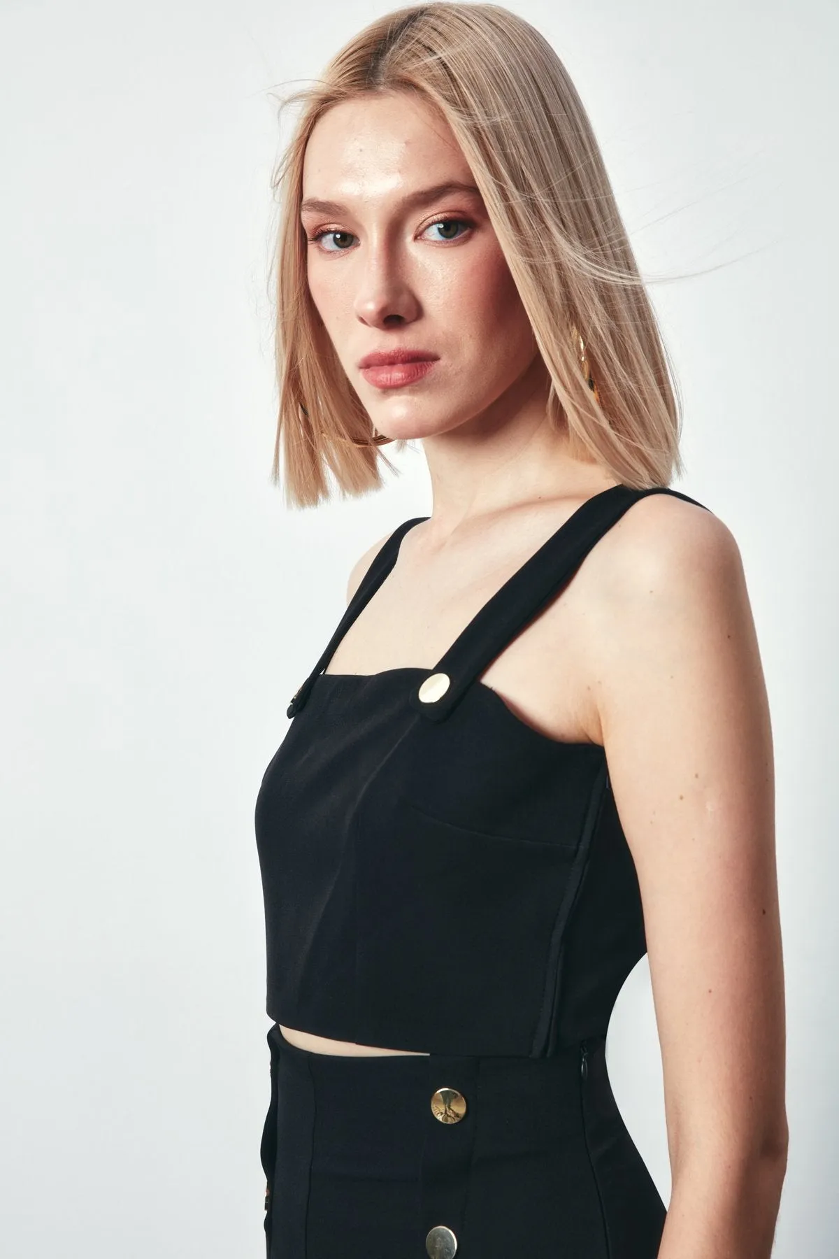 Crop Blouse with Snap Detail - Black