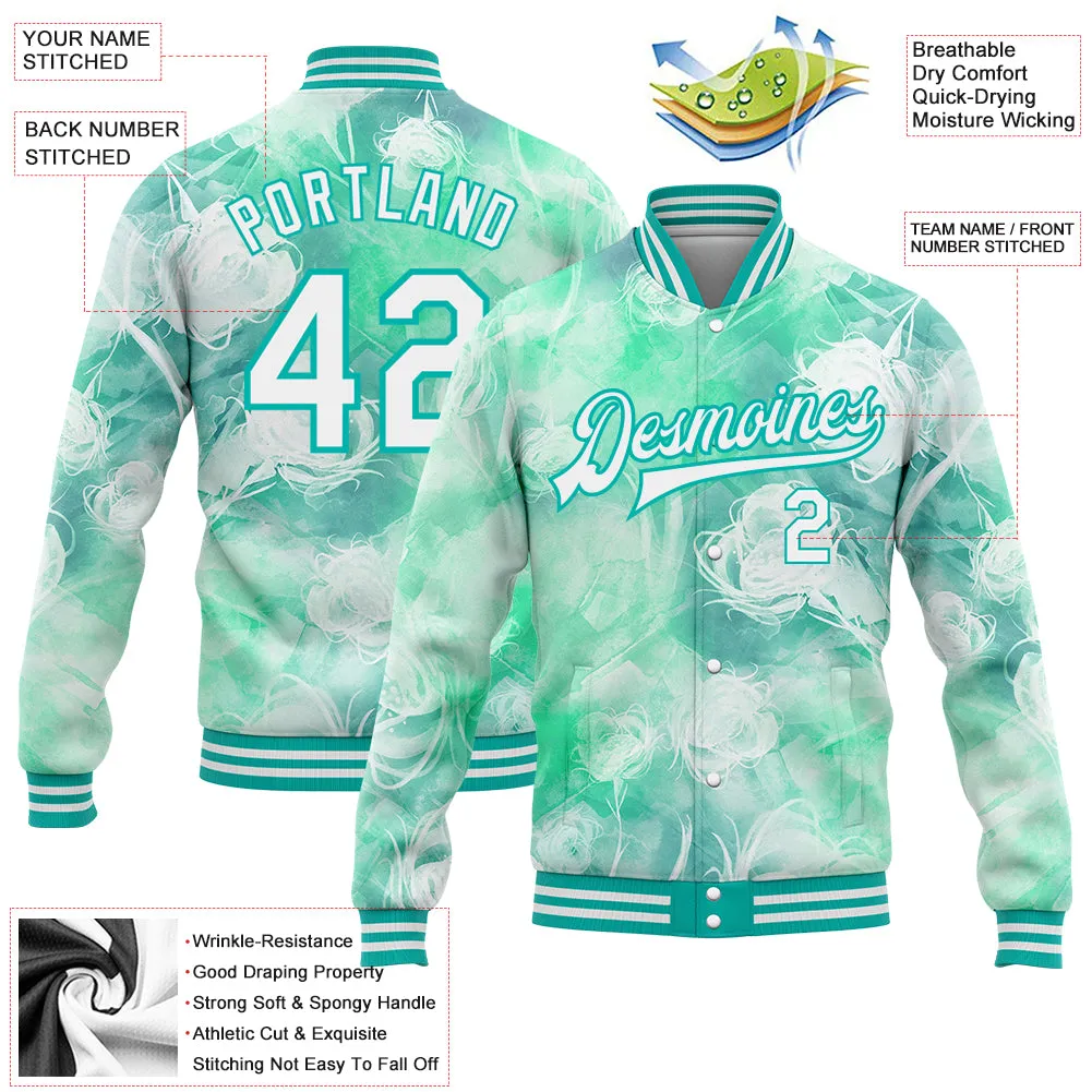 Custom Aqua White Halo Dying Rose 3D Pattern Design Bomber Full-Snap Varsity Letterman Jacket