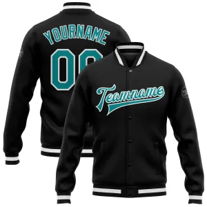 Custom Black Aqua-White Bomber Full-Snap Varsity Letterman Jacket