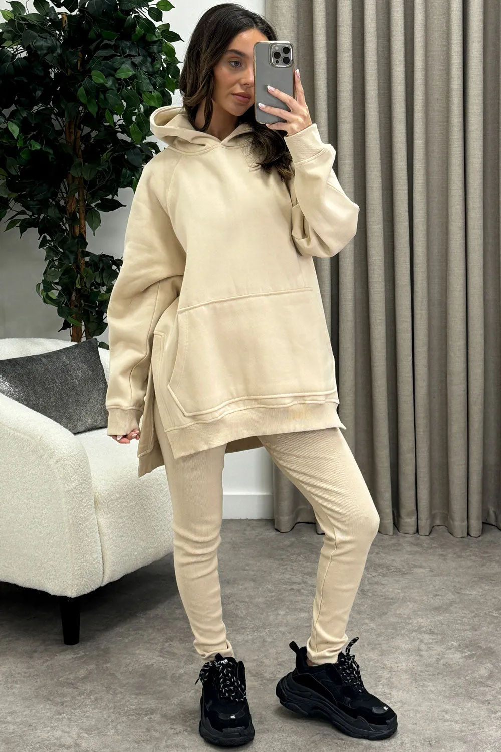 Darcie Beige Oversized Hoodie and Ribbed Leggings Loungewear Set