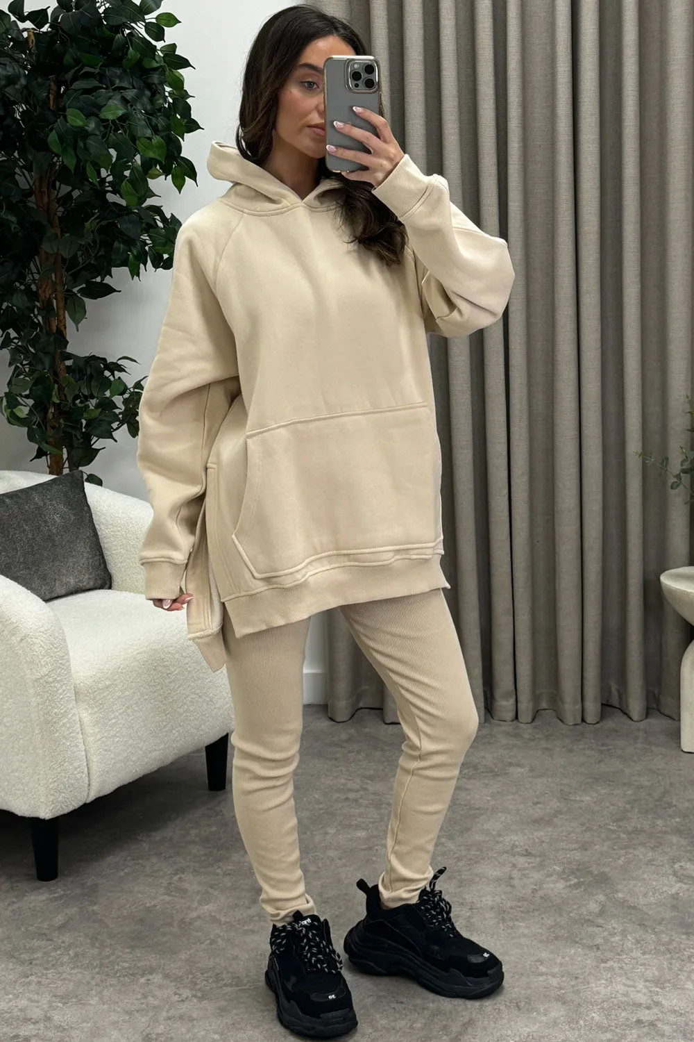 Darcie Beige Oversized Hoodie and Ribbed Leggings Loungewear Set