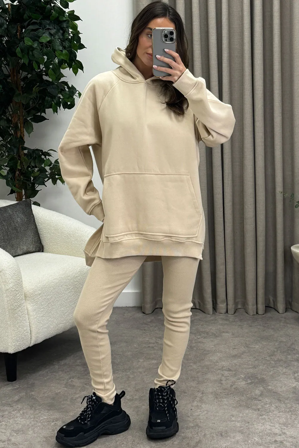 Darcie Beige Oversized Hoodie and Ribbed Leggings Loungewear Set