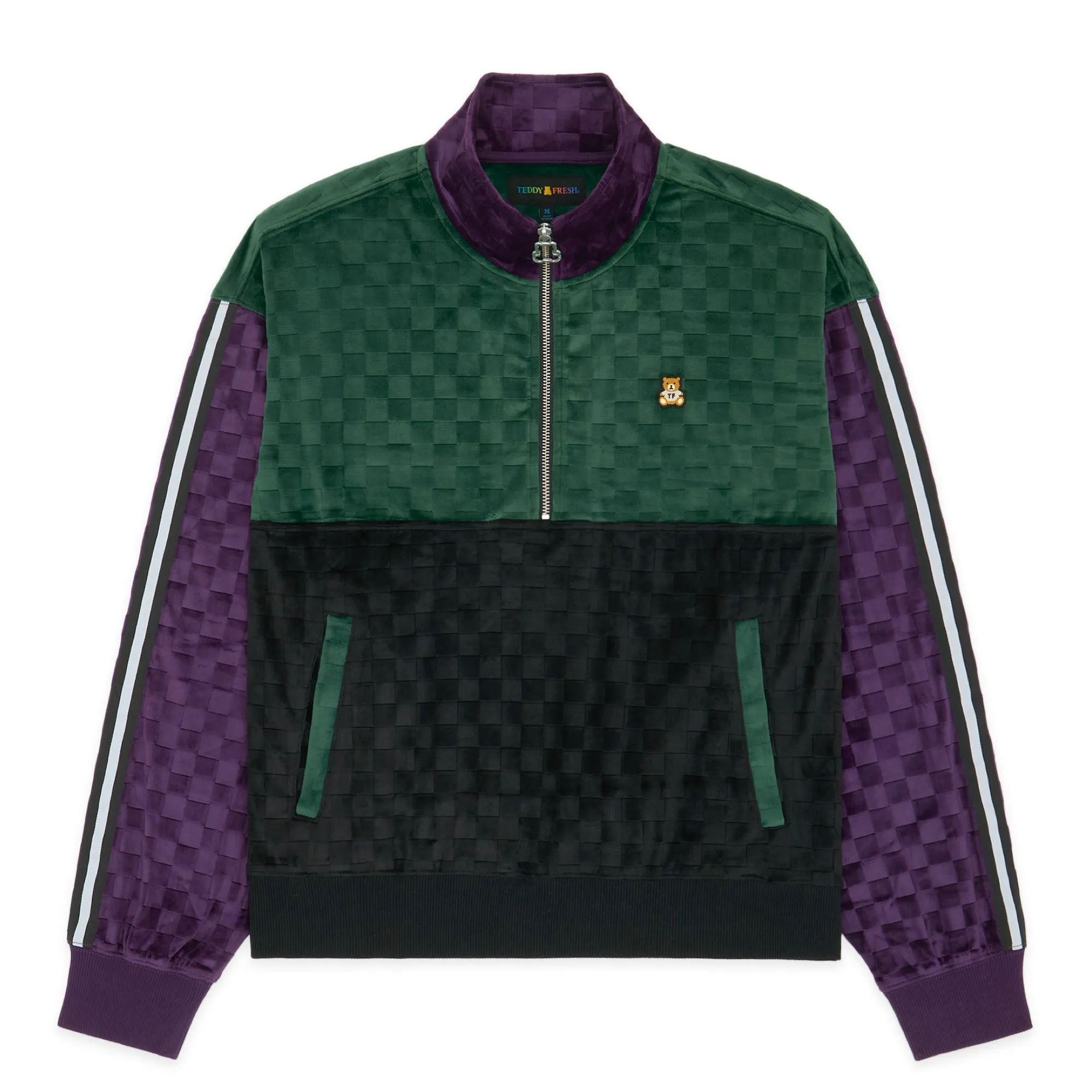 Embossed Checker Velour Zip Funnel Neck