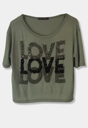 Embroidered Army Green Crop T-Shirt