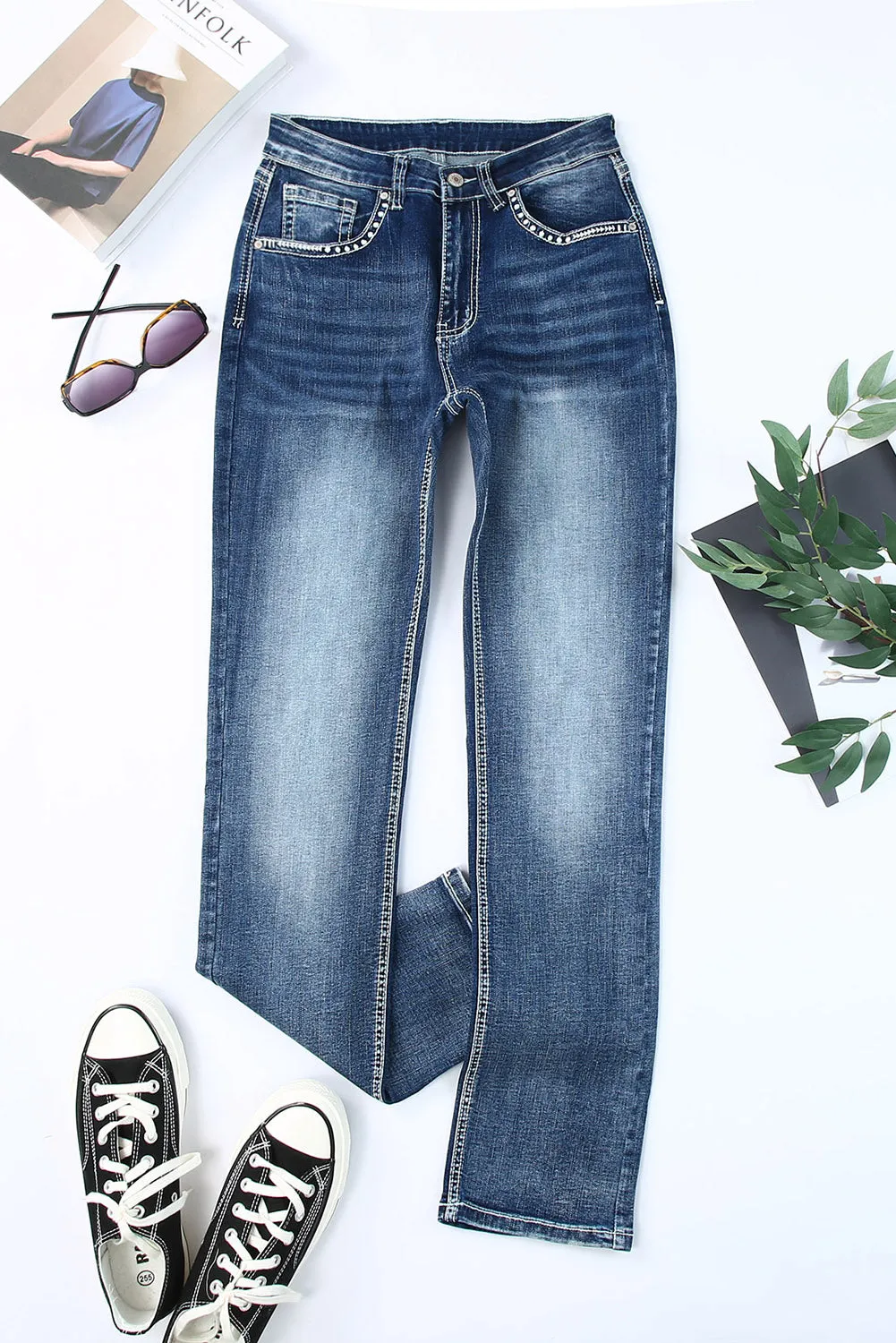 Embroidered Cow Straight Leg Jeans