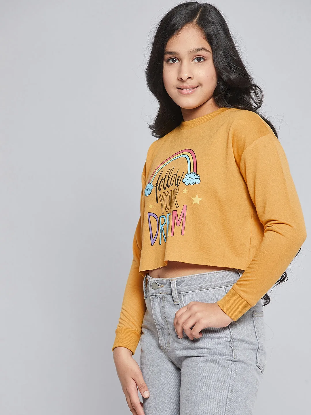 Girls Mustard Terry FOLLOW DREAM Crop Sweatshirt