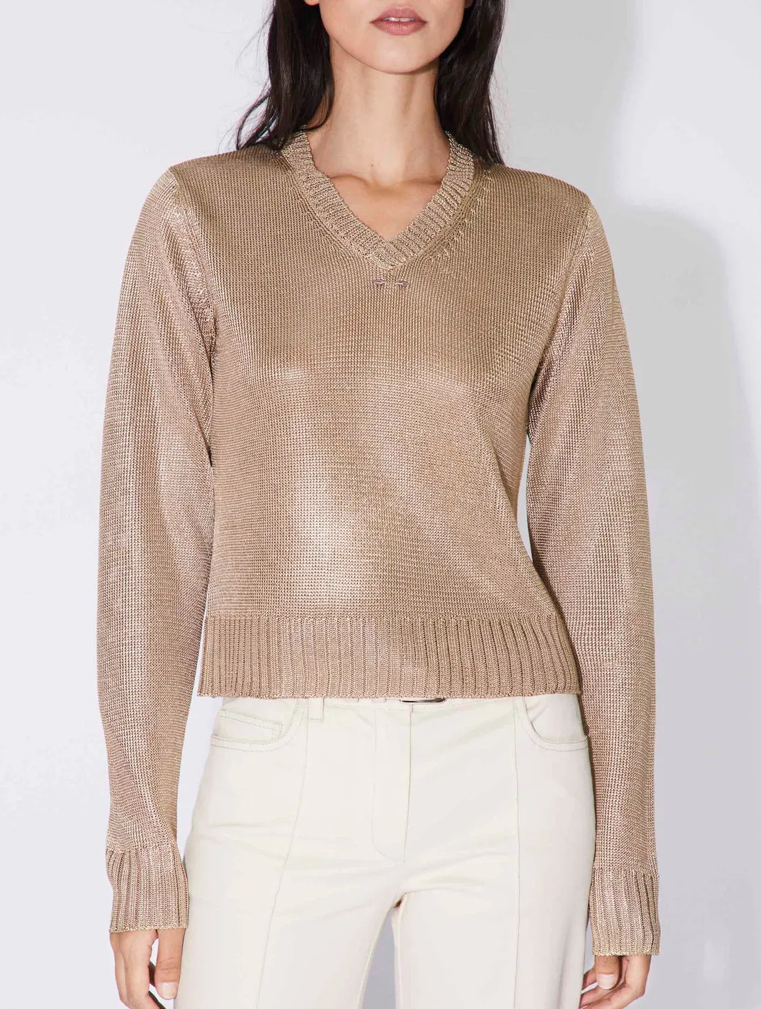 Gold Tone Twisted Yarn Short V-Neck Sweater