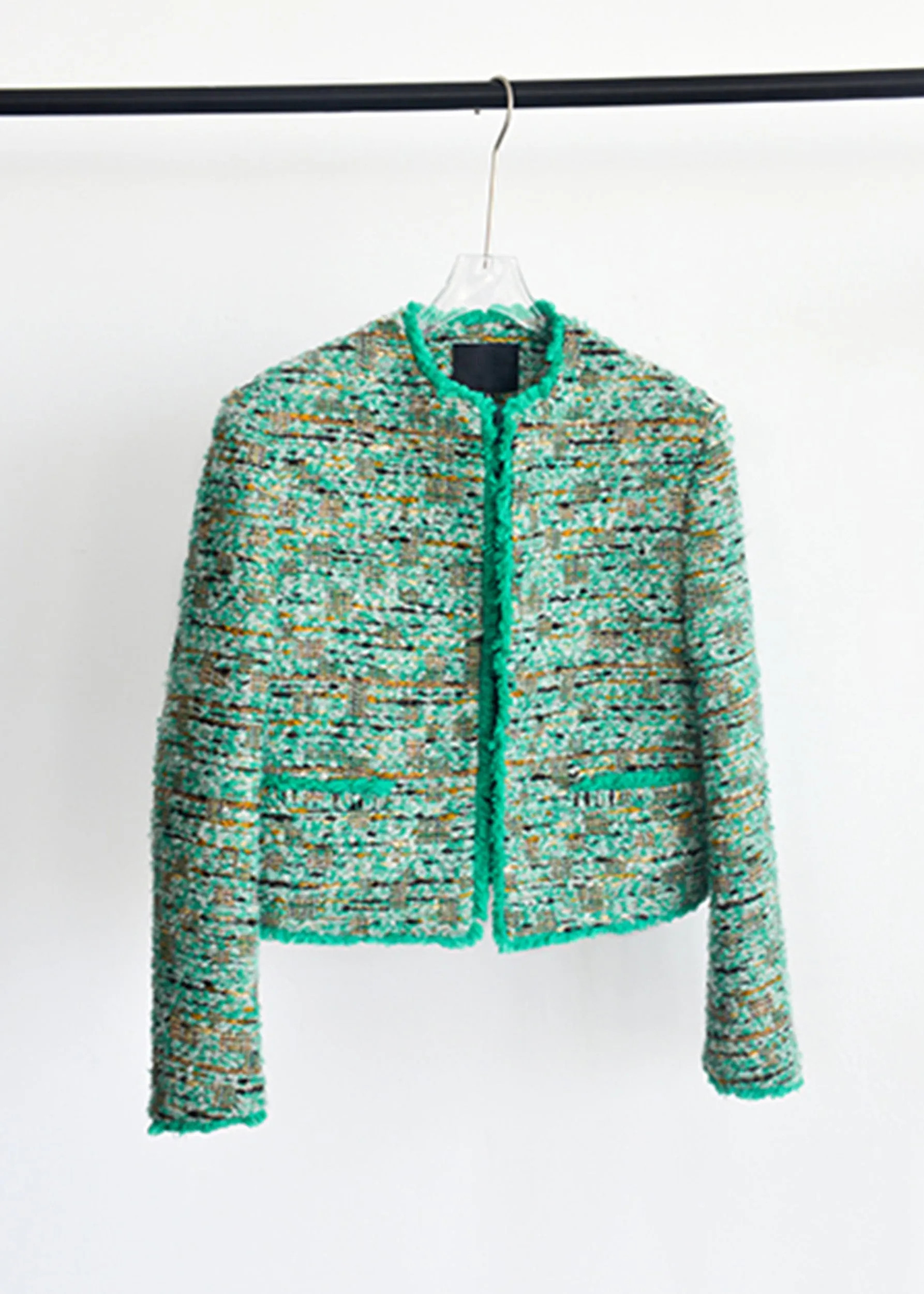 Green Wool Blend Collarless Tweed Jacket