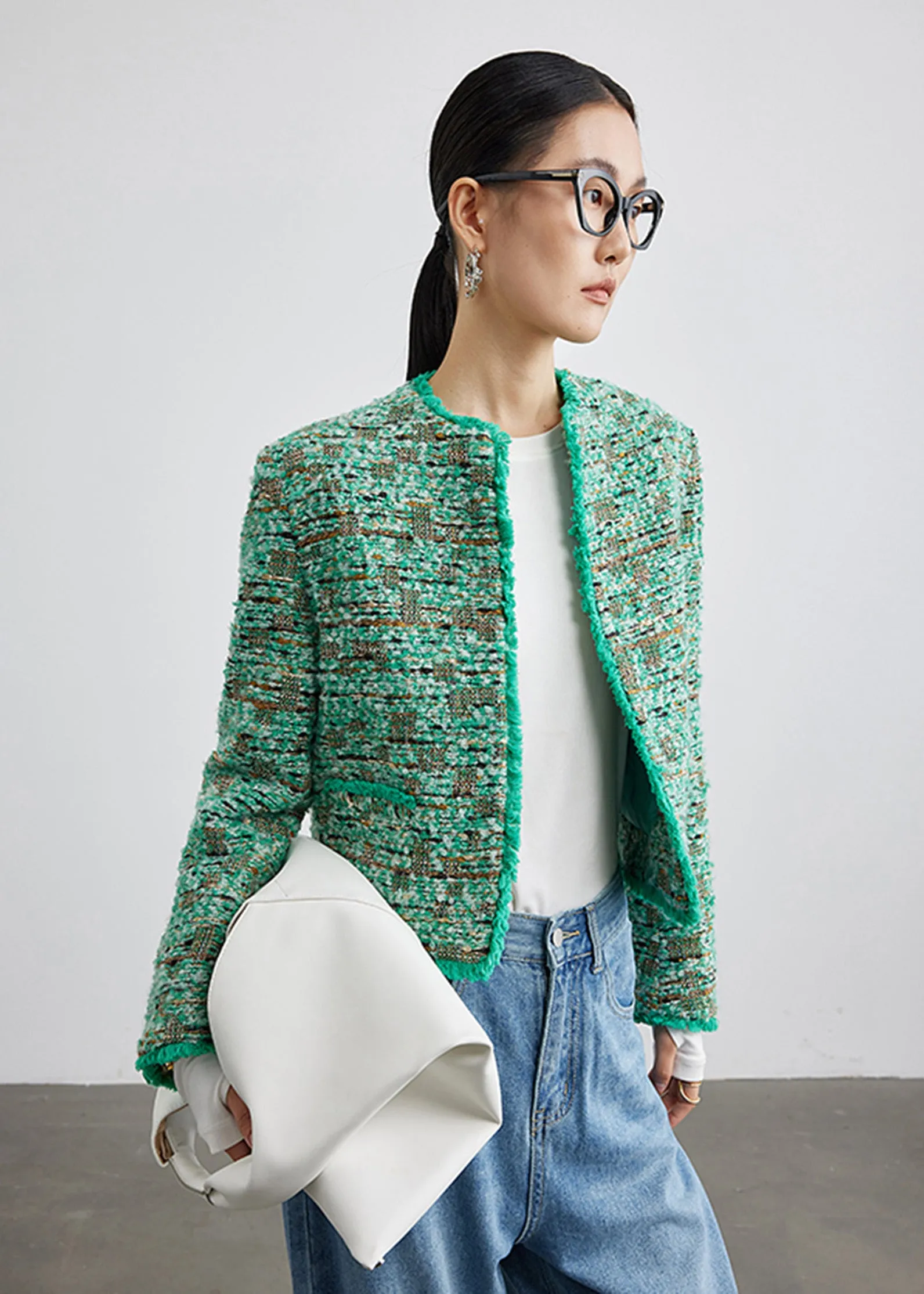 Green Wool Blend Collarless Tweed Jacket