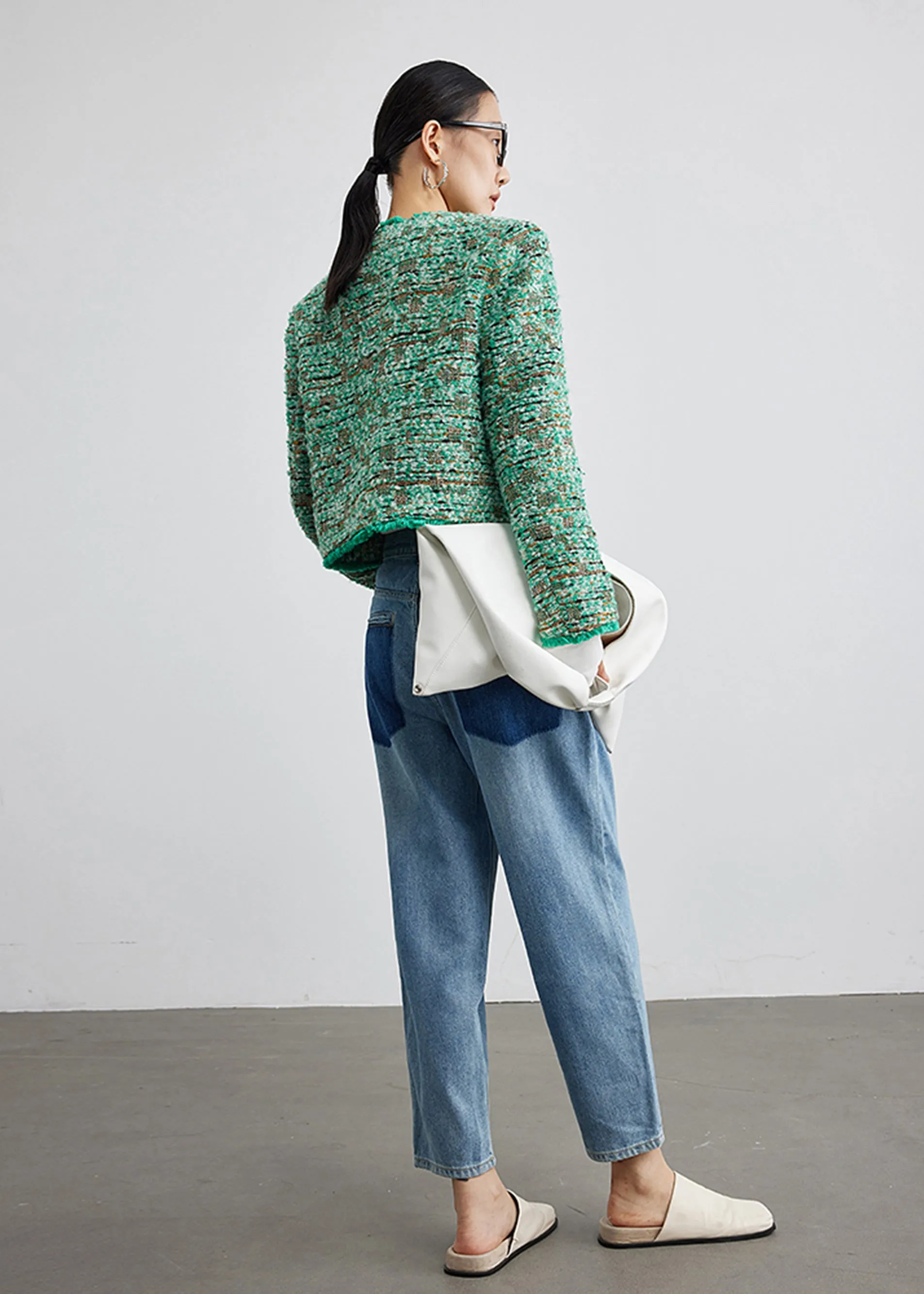 Green Wool Blend Collarless Tweed Jacket