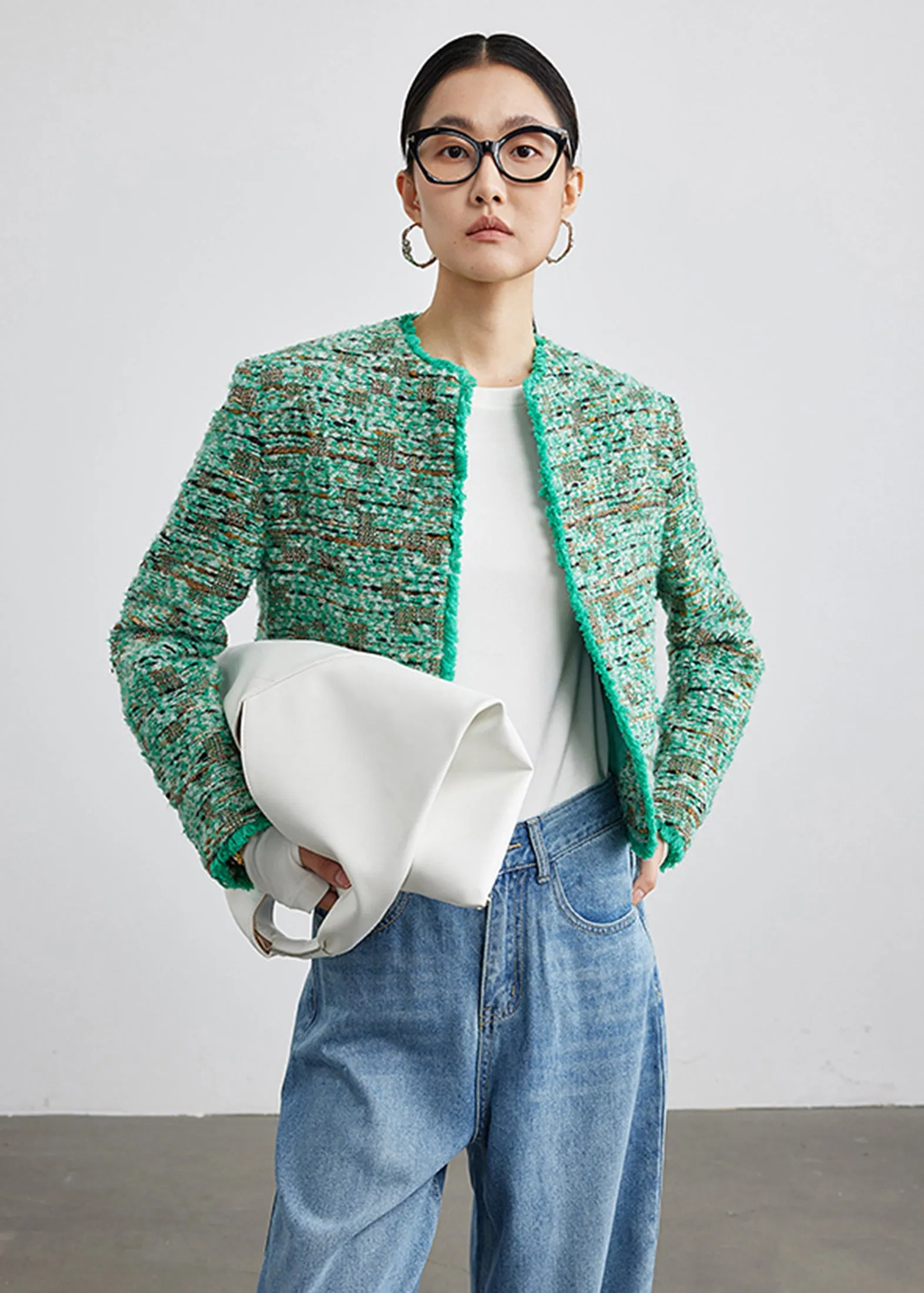 Green Wool Blend Collarless Tweed Jacket