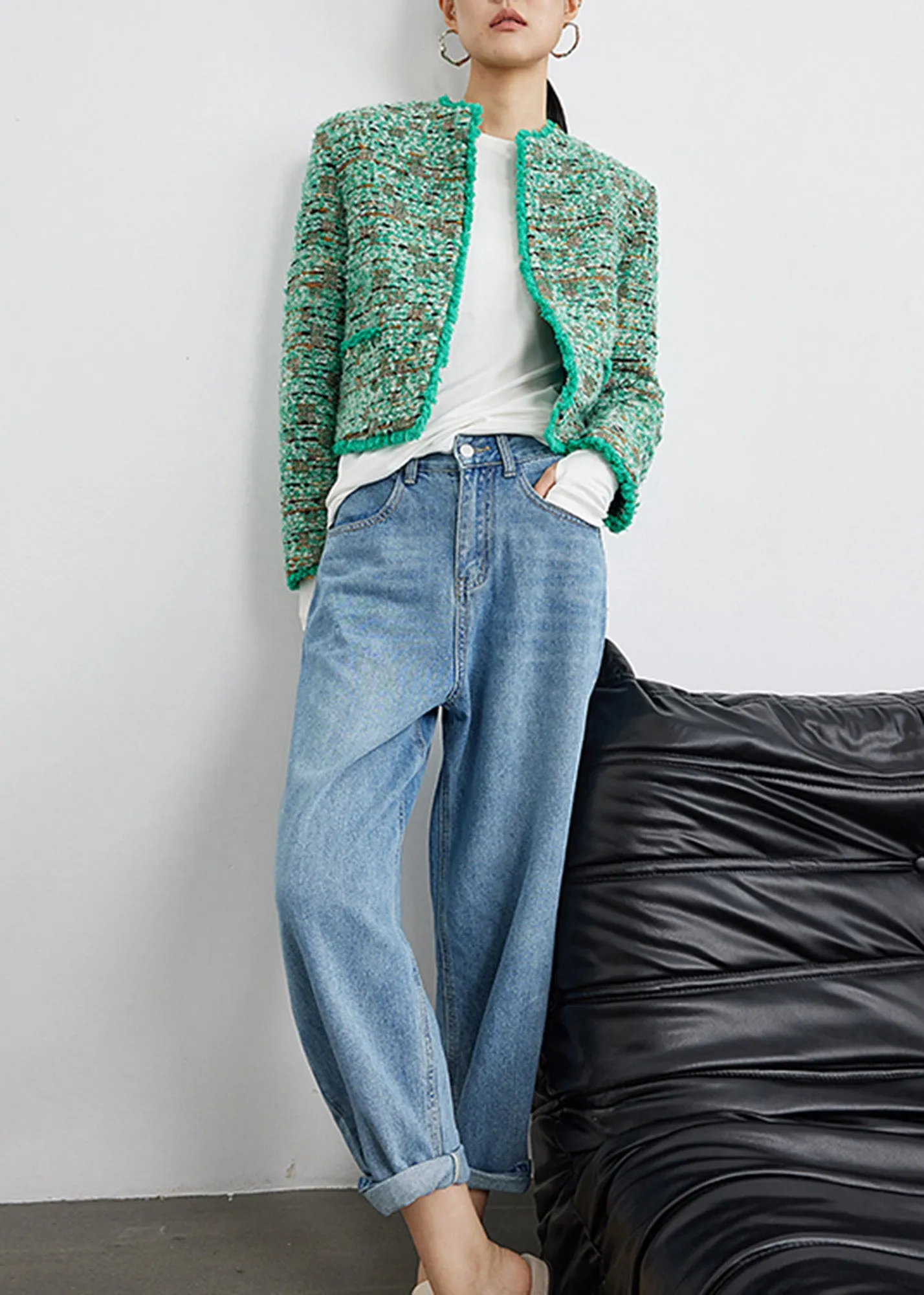 Green Wool Blend Collarless Tweed Jacket